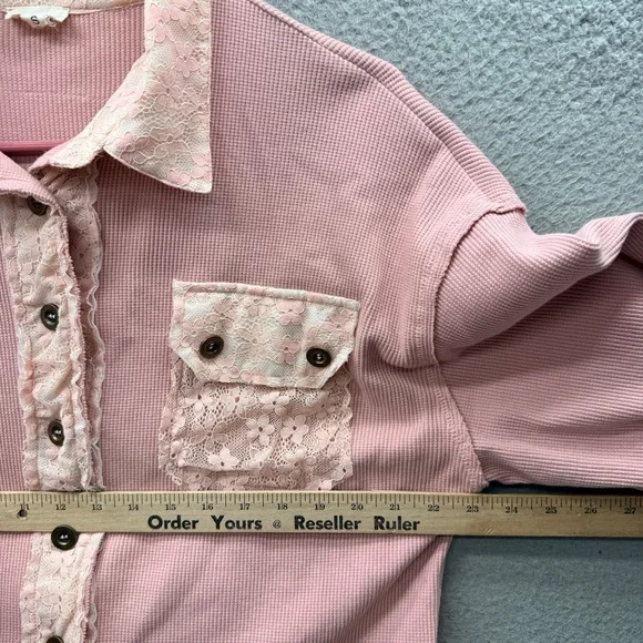 POL Patchwork Lace Dusty Pink Button Up Shirt Top Floral Oversized Boho Size S - Picture 3 of 13
